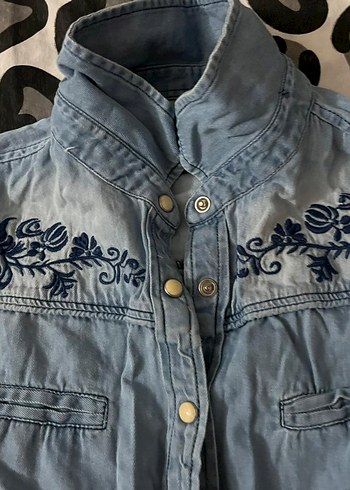 Nakışlı Mavi Denim Gömlek/Ceket - Görsel 4