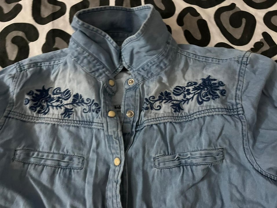 Nakışlı Mavi Denim Gömlek/Ceket - Görsel 3