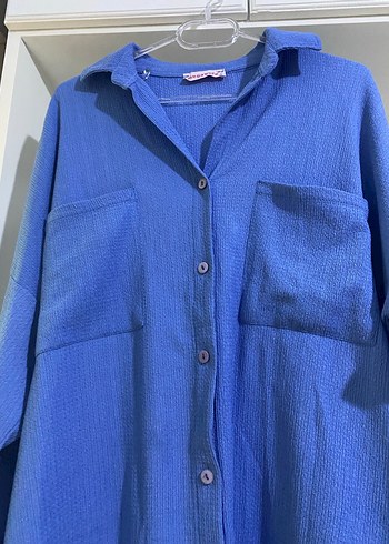 Mavi Keten Midi Gömlek - Görsel 3