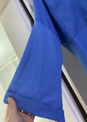 Mavi Keten Midi Gömlek - Görsel 2