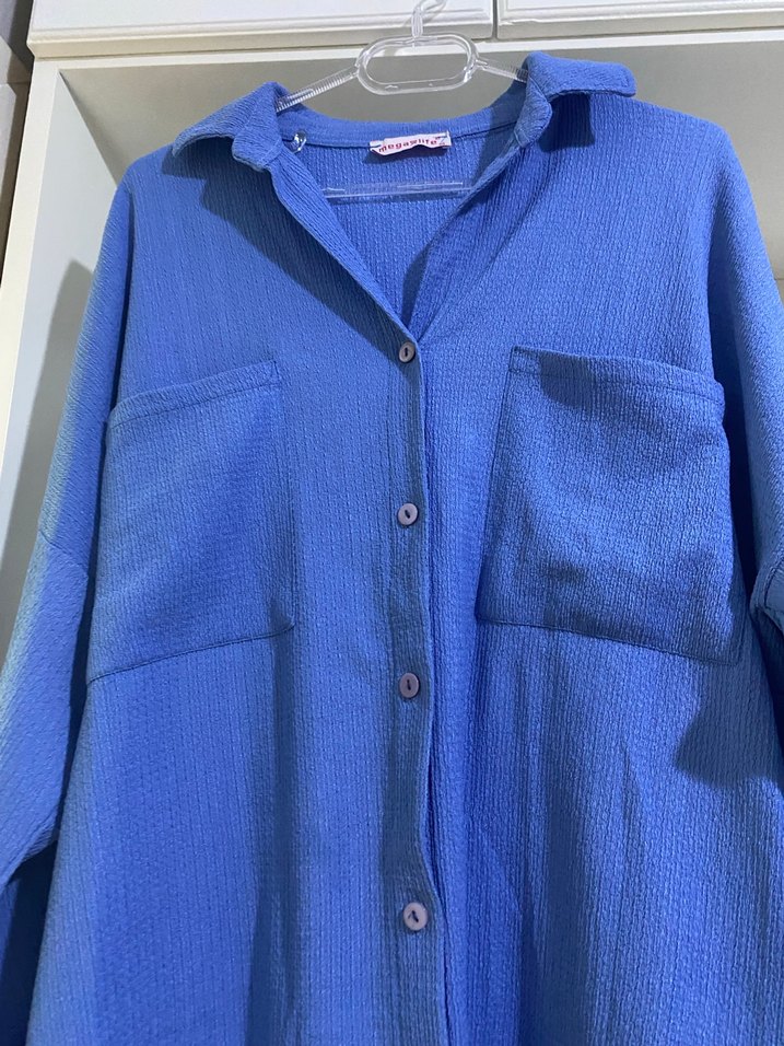 Mavi Keten Midi Gömlek - Görsel 3