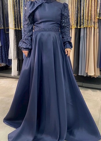 Lacivert Uzun Kollu Drapeli Kadın Abiye - Görsel 2