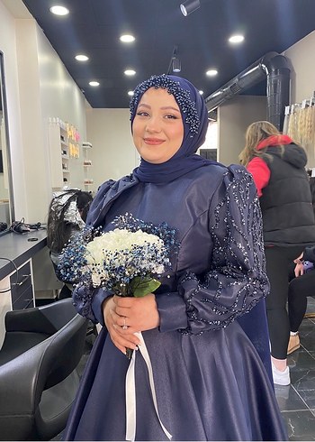 Lacivert Uzun Kollu Drapeli Kadın Abiye - Görsel 3