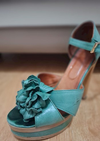 Fırfırlı Turkuaz Platform Topuklu Kadın Sandalet - Görsel 2