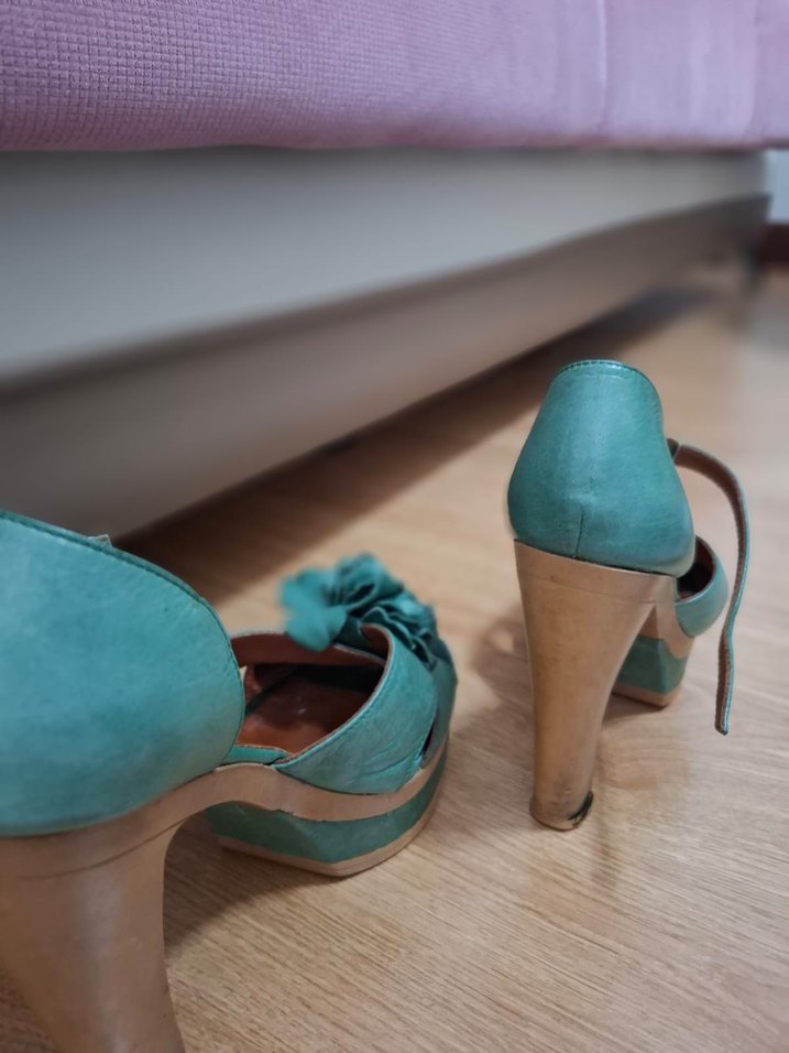 Fırfırlı Turkuaz Platform Topuklu Kadın Sandalet - Görsel 4