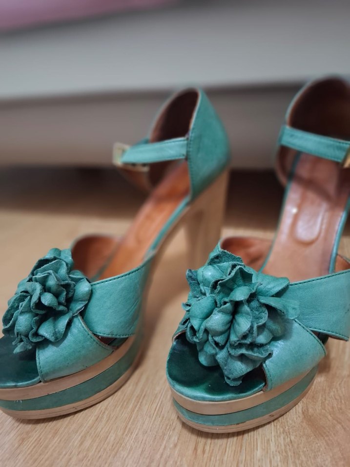 Fırfırlı Turkuaz Platform Topuklu Kadın Sandalet - Görsel 3