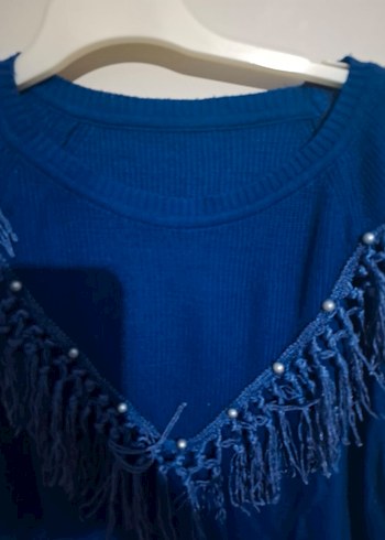 Mavi Nakışlı Bohem Triko Kadın Kazak STANDART BEDEN - Görsel 6