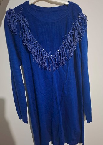 Mavi Nakışlı Bohem Triko Kadın Kazak STANDART BEDEN - Görsel 2