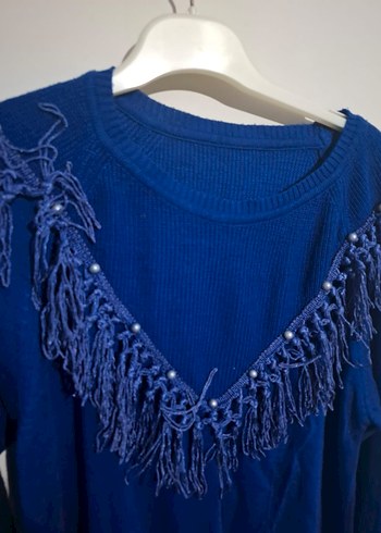 Mavi Nakışlı Bohem Triko Kadın Kazak STANDART BEDEN - Görsel 5