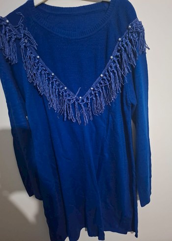 Mavi Nakışlı Bohem Triko Kadın Kazak STANDART BEDEN - Görsel 7