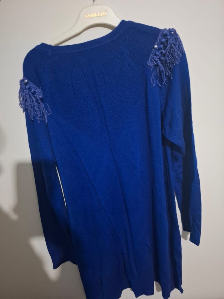 Mavi Nakışlı Bohem Triko Kadın Kazak STANDART BEDEN - Görsel 3