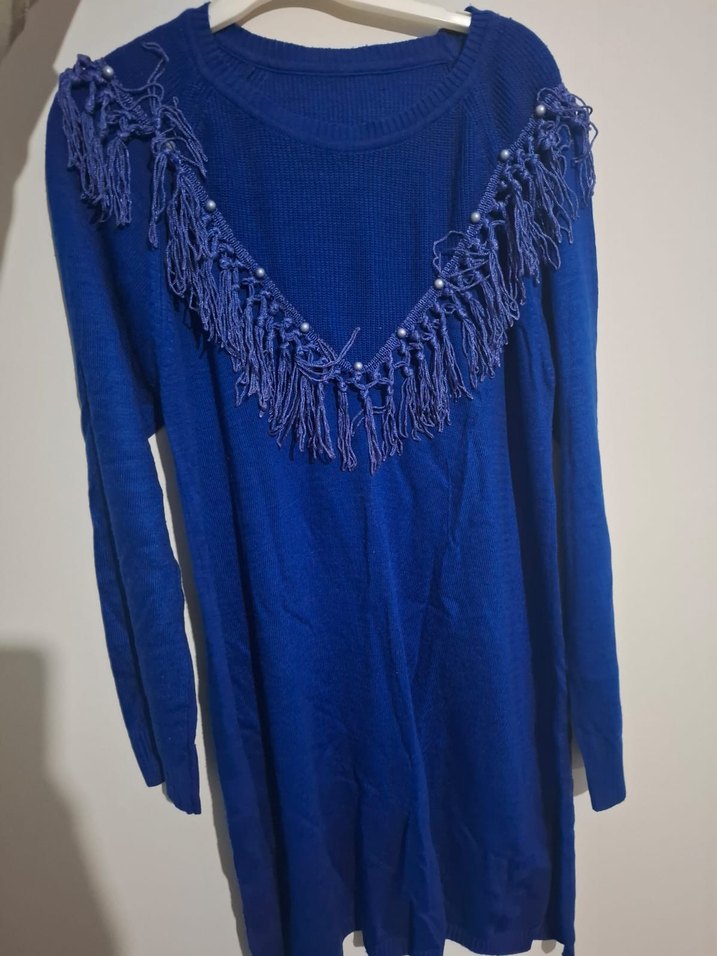 Mavi Nakışlı Bohem Triko Kadın Kazak STANDART BEDEN - Görsel 2