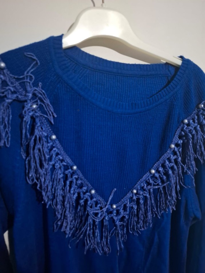 Mavi Nakışlı Bohem Triko Kadın Kazak STANDART BEDEN - Görsel 5