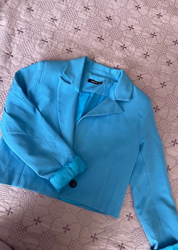 Mavi Keten Mini Kadın Blazer Ceket - Görsel 2