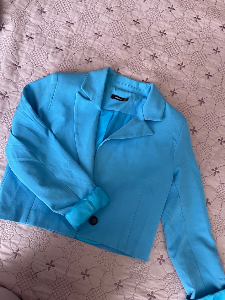 Mavi Keten Mini Kadın Blazer Ceket - Görsel 2