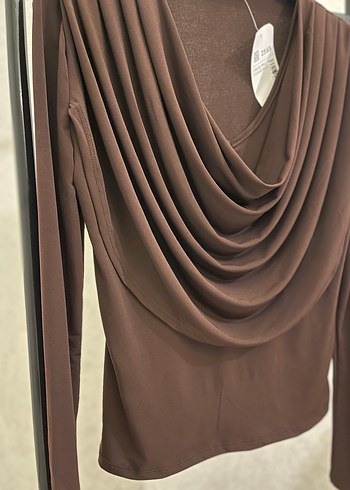 Kahverengi Drapeli Uzun Kollu Kadın Bluz - Görsel 2