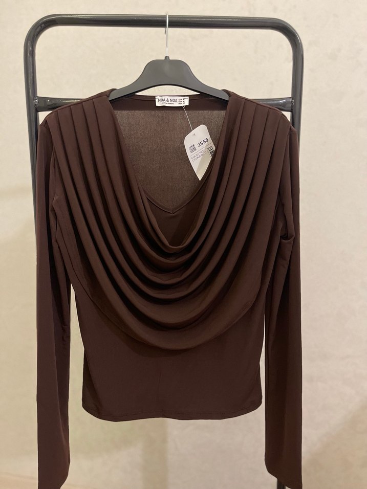 Kahverengi Drapeli Uzun Kollu Kadın Bluz - Görsel 3