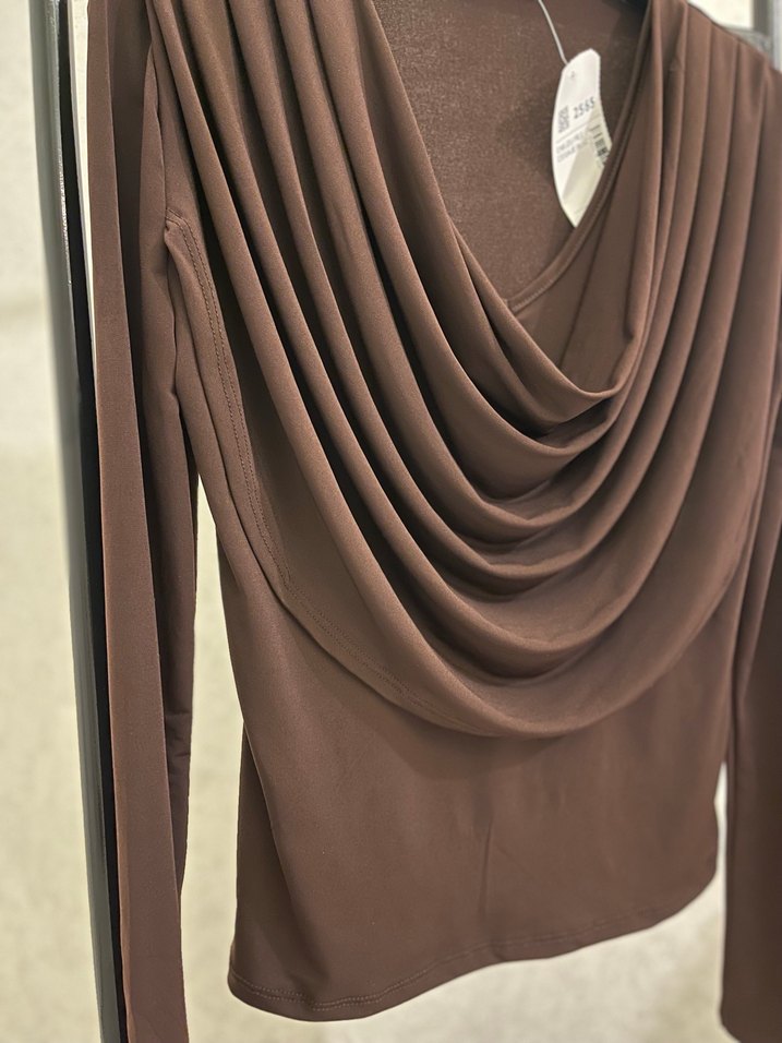 Kahverengi Drapeli Uzun Kollu Kadın Bluz - Görsel 2