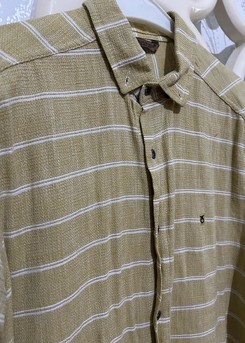 Hasır rengi  Erkek Keten Gömlek, Uzun Kollu, Düğmeli - Görsel 6