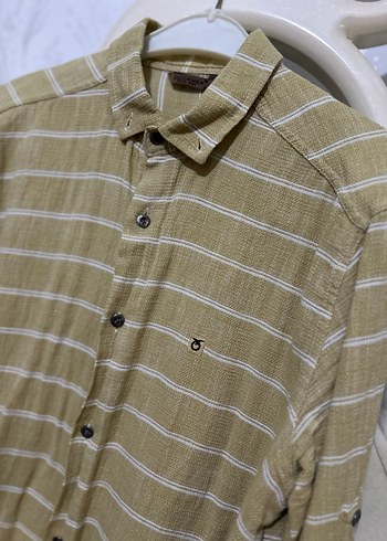 Hasır rengi  Erkek Keten Gömlek, Uzun Kollu, Düğmeli - Görsel 4