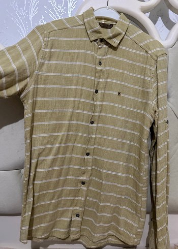 Hasır rengi  Erkek Keten Gömlek, Uzun Kollu, Düğmeli - Görsel 3