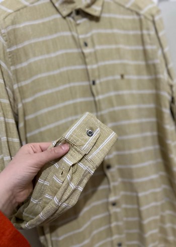 Hasır rengi  Erkek Keten Gömlek, Uzun Kollu, Düğmeli - Görsel 2