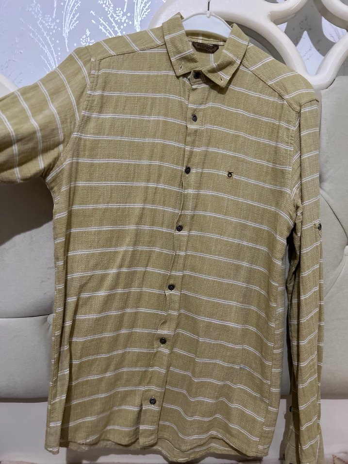 Hasır rengi  Erkek Keten Gömlek, Uzun Kollu, Düğmeli - Görsel 3