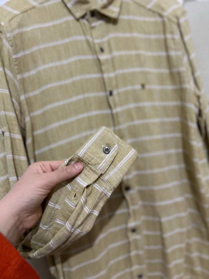 Hasır rengi  Erkek Keten Gömlek, Uzun Kollu, Düğmeli - Görsel 2