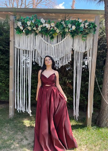 Bordo Drapeli V Yaka Uzun Abiye Elbise - Görsel 5