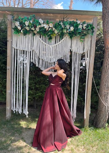 Bordo Drapeli V Yaka Uzun Abiye Elbise - Görsel 4