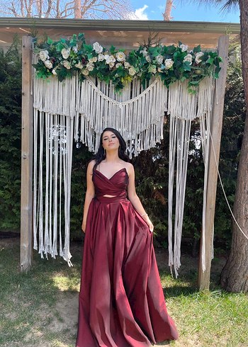 Bordo Drapeli V Yaka Uzun Abiye Elbise - Görsel 7