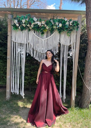 Bordo Drapeli V Yaka Uzun Abiye Elbise - Görsel 6