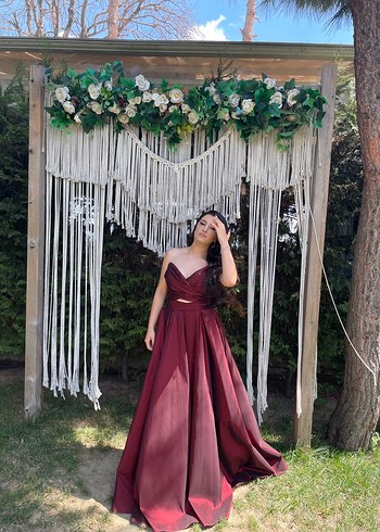 Bordo Drapeli V Yaka Uzun Abiye Elbise - Görsel 8