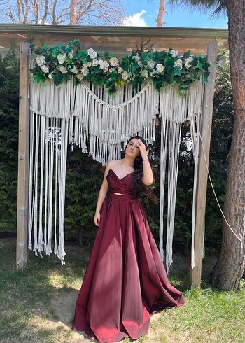 Bordo Drapeli V Yaka Uzun Abiye Elbise - Görsel 9