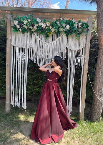 Bordo Drapeli V Yaka Uzun Abiye Elbise - Görsel 3