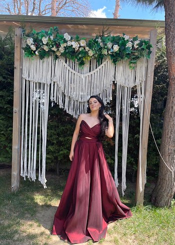 Bordo Drapeli V Yaka Uzun Abiye Elbise - Görsel 2