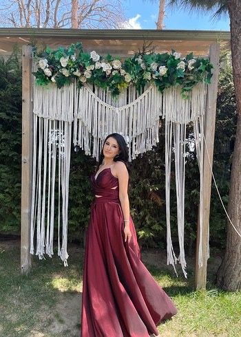 Bordo Drapeli V Yaka Uzun Abiye Elbise - Görsel 10