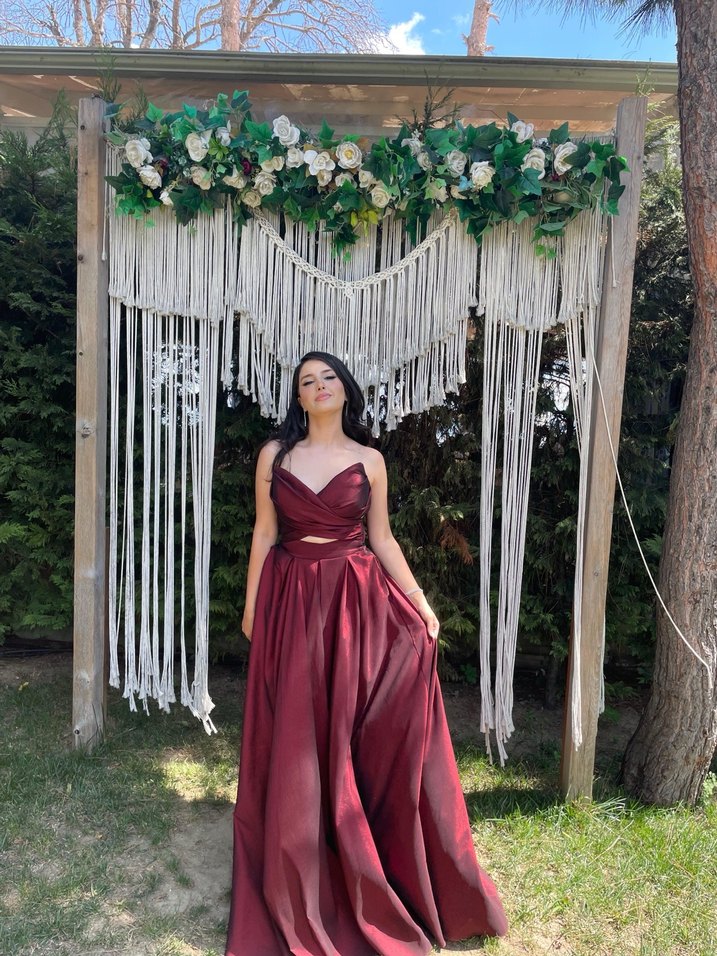 Bordo Drapeli V Yaka Uzun Abiye Elbise - Görsel 5