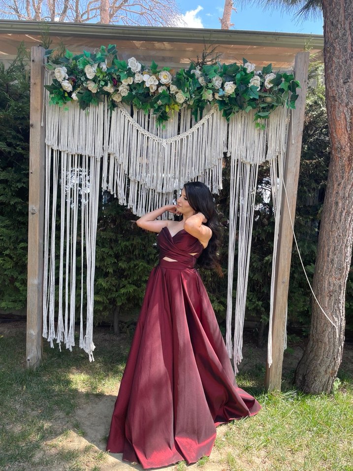 Bordo Drapeli V Yaka Uzun Abiye Elbise - Görsel 4