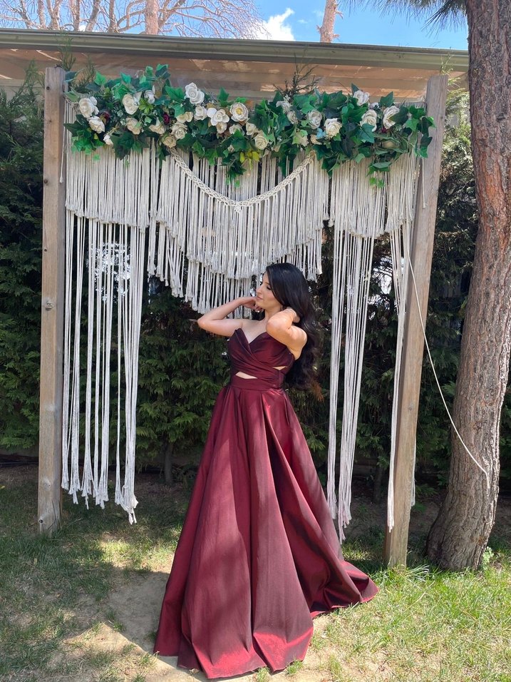 Bordo Drapeli V Yaka Uzun Abiye Elbise - Görsel 3