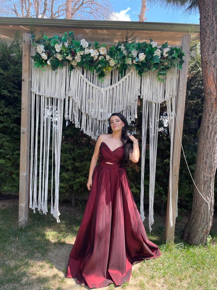 Bordo Drapeli V Yaka Uzun Abiye Elbise - Görsel 2