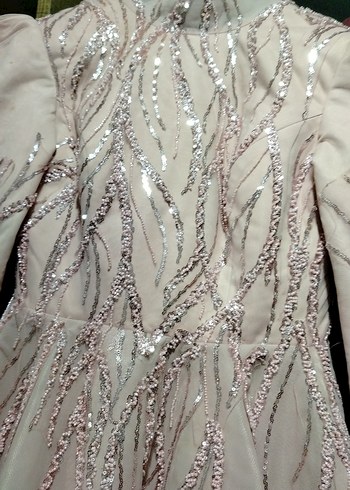 Bej İşlemeli Uzun Kollu Uzun Abiye Elbise - Görsel 6