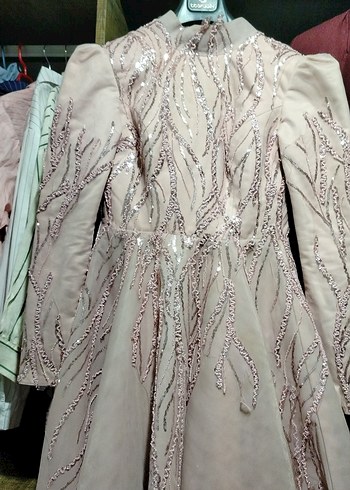 Bej İşlemeli Uzun Kollu Uzun Abiye Elbise - Görsel 5