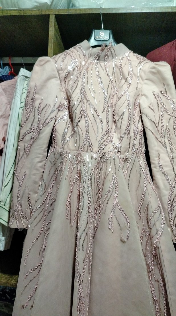 Bej İşlemeli Uzun Kollu Uzun Abiye Elbise - Görsel 5