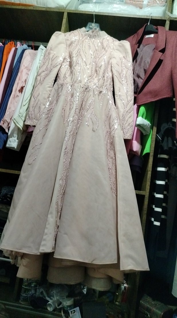 Bej İşlemeli Uzun Kollu Uzun Abiye Elbise - Görsel 2