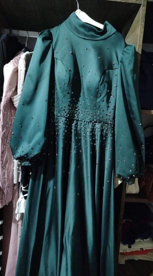 Yeşil Nakışlı Uzun Kollu Uzun Elbise - Görsel 3