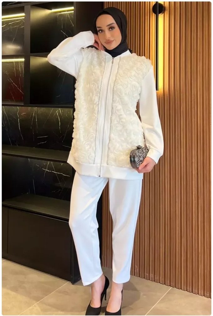 GÜL Kabartmalı TAŞLI SWEAT İKİLİ TAKIM - Görsel 3