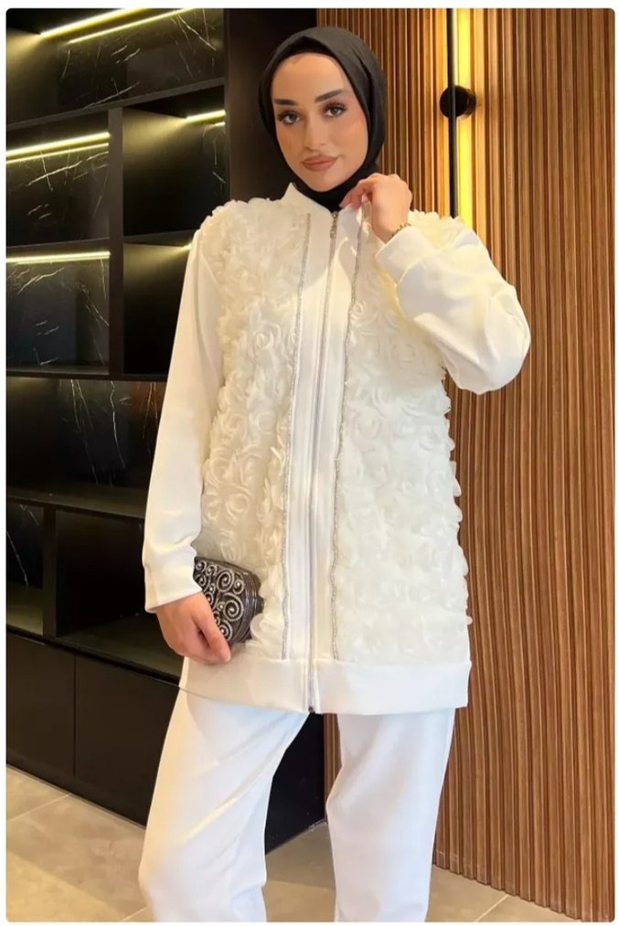 GÜL Kabartmalı TAŞLI SWEAT İKİLİ TAKIM - Görsel 2