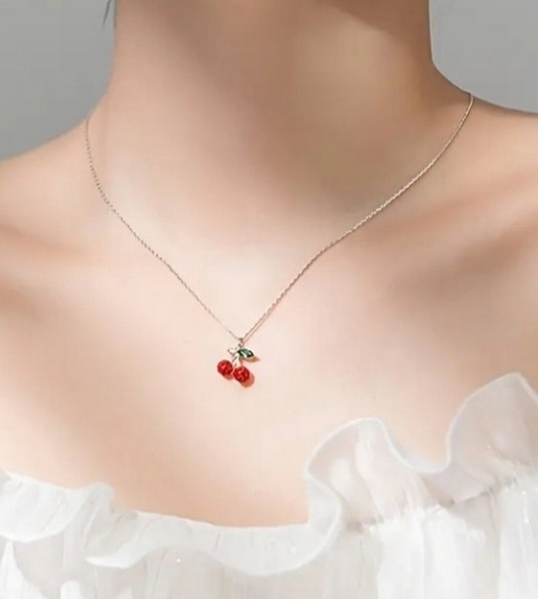 Kırmızı Zirkonyum Taşlı Gümüş Kiraz Kolye - Görsel 5