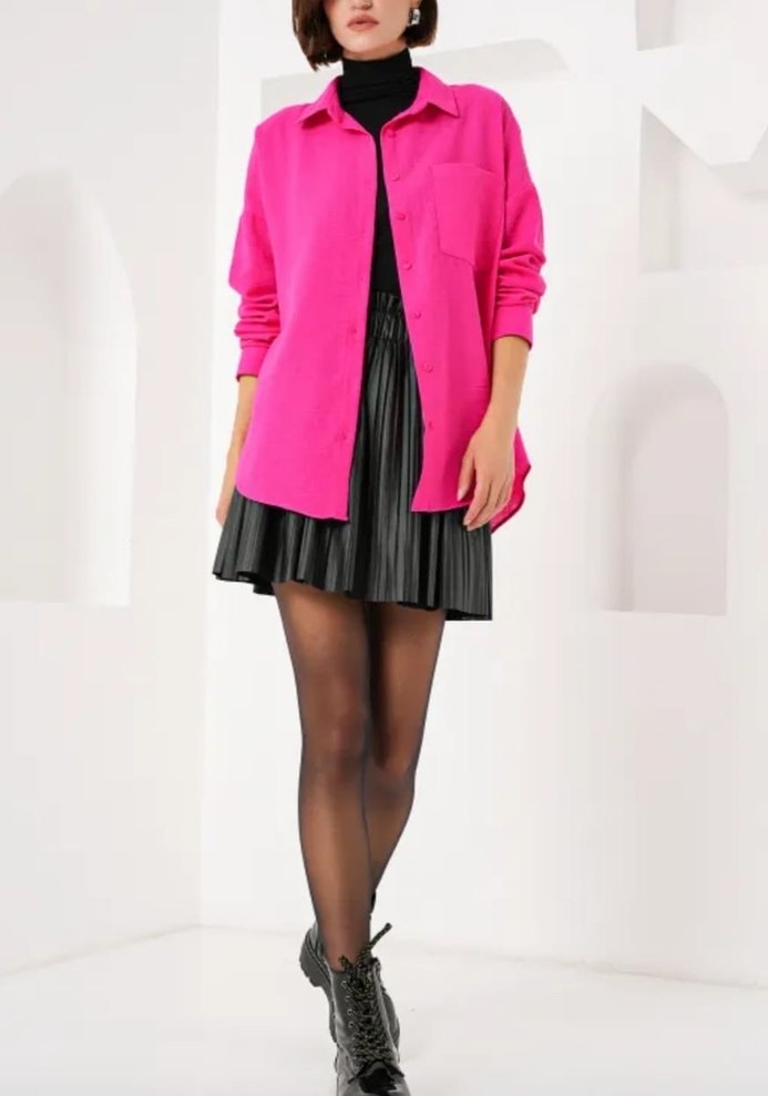 Pembe Düğmeli Bol Kesim Kadın Gömlek - Görsel 2